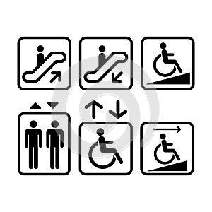 Escalator, Elevator sign. Ramp, Lift signs. Black isolated icons.