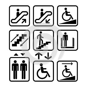 Escalator and Elevator sign. Ramp, Lift signs. Black isolated icons. Staircase sign.
