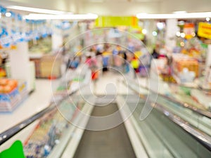 Escalator inside supermarket, Blurred shopping mall and retails store interior for background, shopping concept. photo