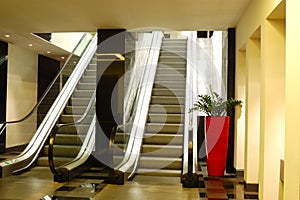 Escalator at luxury hotel interior