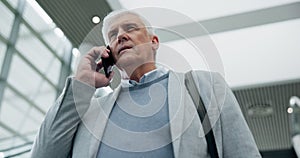 Escalator, phone call and business man in conversation, networking and travel in low angle. Smartphone, serious ceo and