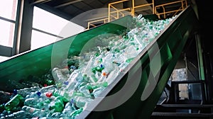 Escalator with a pile of plastic bottles at the factory for processing and recycling. PET recycling plant