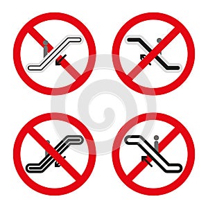 Escalator safety icons. No strollers symbol. Child caution sign. Vector illustration. EPS 10.