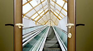 Escalator stairs open door