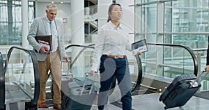 Escalator, travel and a business people with luggage at an airport for convention, holiday or vacation. Professional men