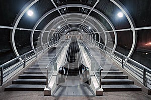 Escalator and tunnel in a train station to transfer in Shanghai City, China at night. Architectural structure of roof. Interior