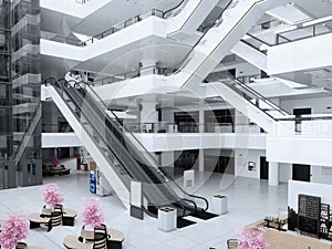 escalators at the modern shopping mall.