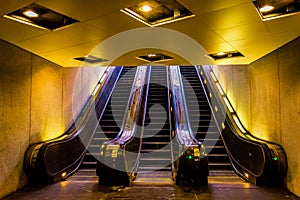 Escalators in the Smithsonian Metro Station, Washington, DC.