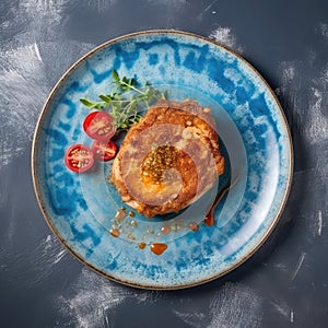 Escalope De Veau On A Blue Abstraction Round Plate, French Dish. Generative AI