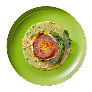 Escalope De Veau Milanaise On A Limegreen Round Plate, French Dish. Generative AI