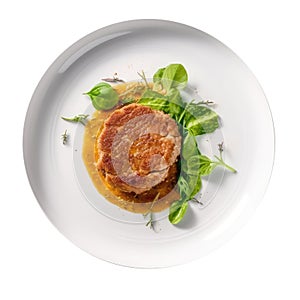 Escalope De Veau Milanaise On A White Round Plate, French Dish. Generative AI