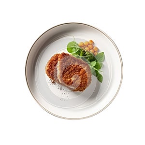 Escalope De Veau Milanaise On White Smooth Round Plate, French Dish. Generative AI