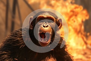 Escape from the Flames: Scared Chimpanzee Fleeing Forest Fire