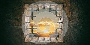 Escape, freedom. Prison, jail window with cut bars, sunset, sunrise view. 3d illustration photo