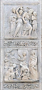 Escape of Loth by Niccolo Tribolo up and Birth of Esau and Jacob by Alfonso Lombardi down, San Petronio Basilica in Bologna