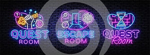 Escape Room collection neon signs vector. Quest Room design template concept. Neon banner background design, night symbol, modern