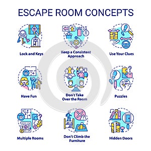 Escape room concept icons set