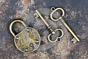 Escape room game concept, vintage keys and a padlock