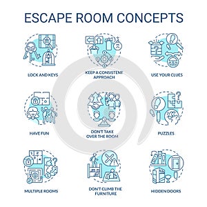 Escape room turquoise concept icons set