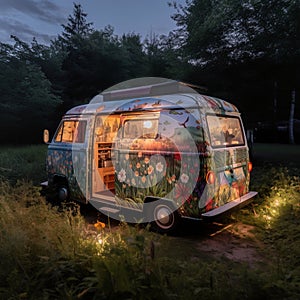 Colorful Camper Van in a Quiet Meadow