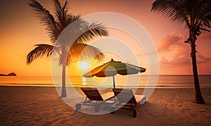 Escape to paradise: two sun beds in the midst of tropical sunset Creating using generative AI tools