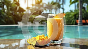Escape to a tropical oasis with a refreshing mango cocktail, ultimate way to relax near the pool under the sunny sky.