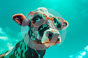 Cow-vacation Vibes: A Stylish Bovine on a Cyan Sky