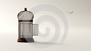 Escaping from the cage, freedom, a retro bird cage and a colorful feather floating in the air, set it free, 3d render