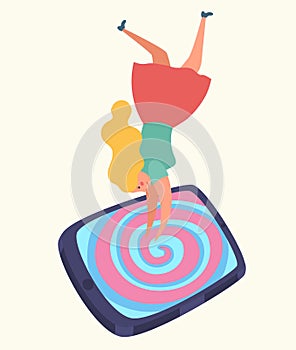 Escapism Illustration of a woman fallen into a smartphone. Upside-down girl isolated.