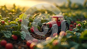 Escapism in nature. Equipment is working in the field - a small toy tractor is driving between the beds with large bushes of ripe