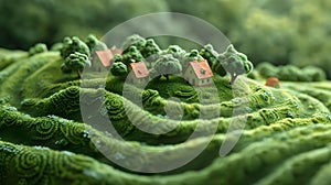 Escapism in nature. A small forest of houses surrounded by unusual fields and plantations. Fantasy picture on the theme of