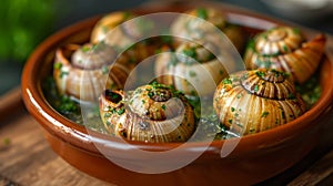 Escargot: Delicate snails baked in garlic and herb butter, a classic French delicacy.