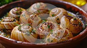 Escargot: Delicate snails baked in garlic and herb butter, a classic French delicacy.