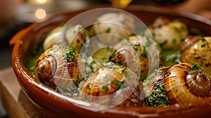 Escargot: Delicate snails baked in garlic and herb butter, a classic French delicacy.