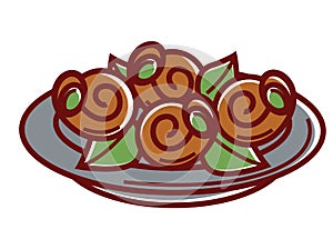 Escargot with fresh leaves on plate isolated illustration