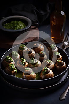 Escargots de Bourgogne - baked snails with garlic, butter and basil. French traditional food