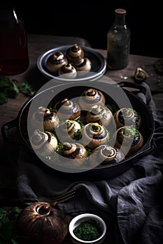 Escargots de Bourgogne - baked snails with garlic, butter and basil. French traditional food