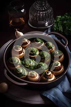 Escargots de Bourgogne - baked snails with garlic, butter and basil. French traditional food
