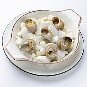 Escargots de Bourgogne. Fried snails with garlic butter, gourmet dish, in traditional ceramic plate
