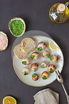 Escargots de Bourgogne. Snails with herbs butter. Healty eating. French food