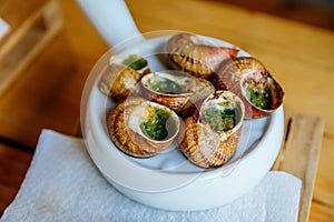 Escargots de Bourgogne, Snails herbs butter, traditional ceramic pan with parsley sauce, wooden table, gray background, selective