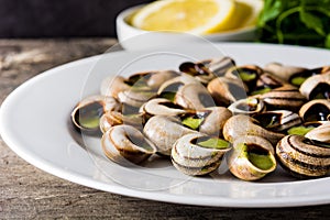 Escargots de Bourgogne. Snails with herbs and garlic butter on a plate.