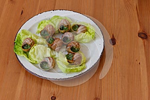 Escargots de Bourgogne (snails) seasoned with butter, parsley, garlic on wooden table