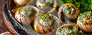 Escargots stuffed with butter and herbs. Selective focus.