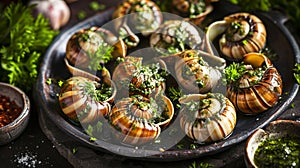 Escargots stuffed with butter and herbs. Selective focus.