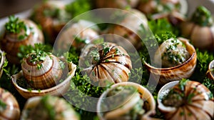 Escargots stuffed with butter and herbs. Selective focus.