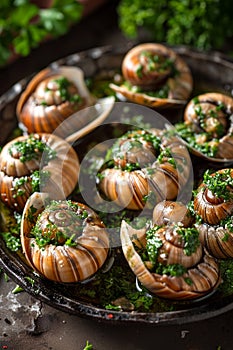 Escargots stuffed with butter and herbs. Selective focus.