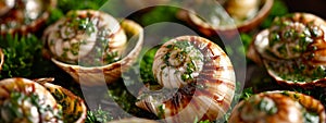 Escargots stuffed with butter and herbs. Selective focus.