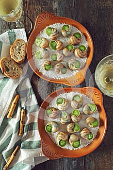 Escargots, traditional French cuisine: snails sauce Burgundy and