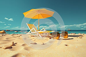 Escena de vacaciones de verano tumbonas, sombrilla, chanclas y espacio para copiar photo
